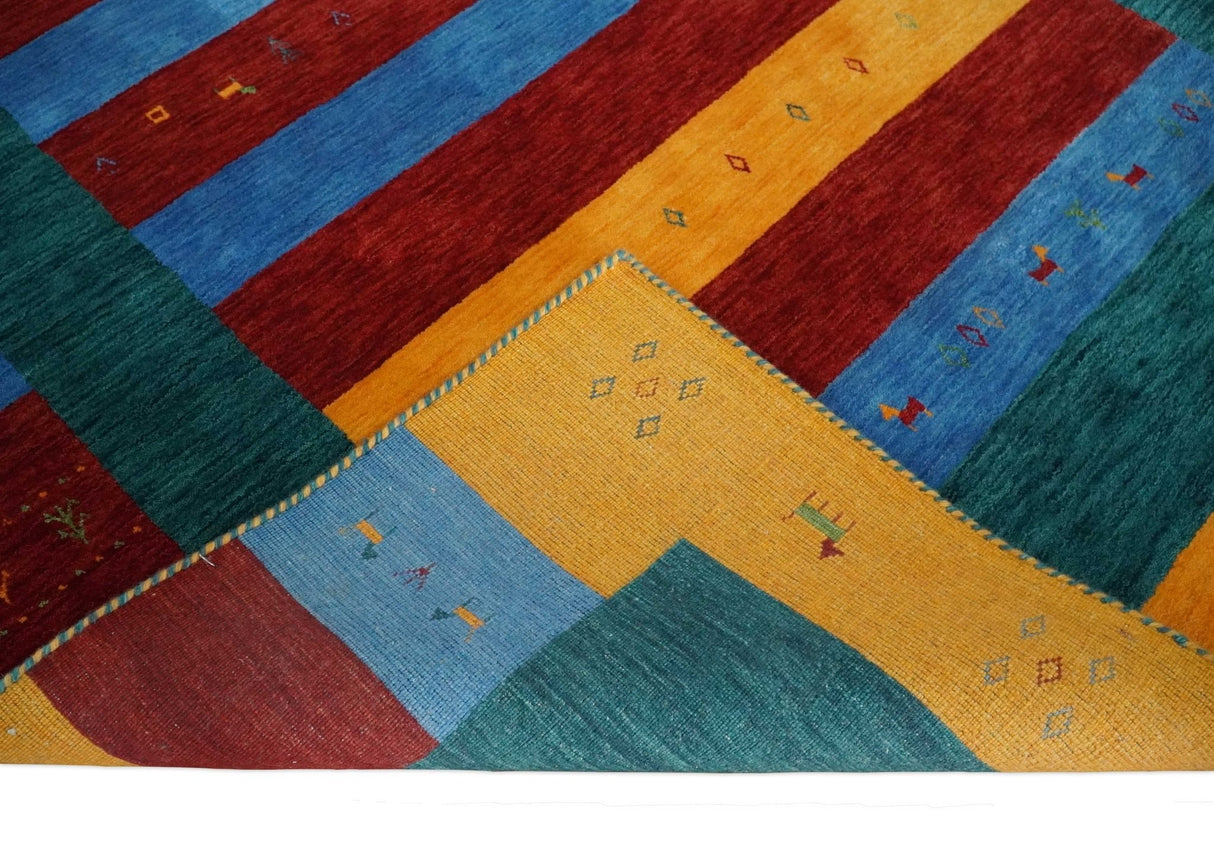 5x8 Vibrant Red, Blue, Yellow and Green Striped Wool Hand Woven Southwestern Lori Rug | KNT17