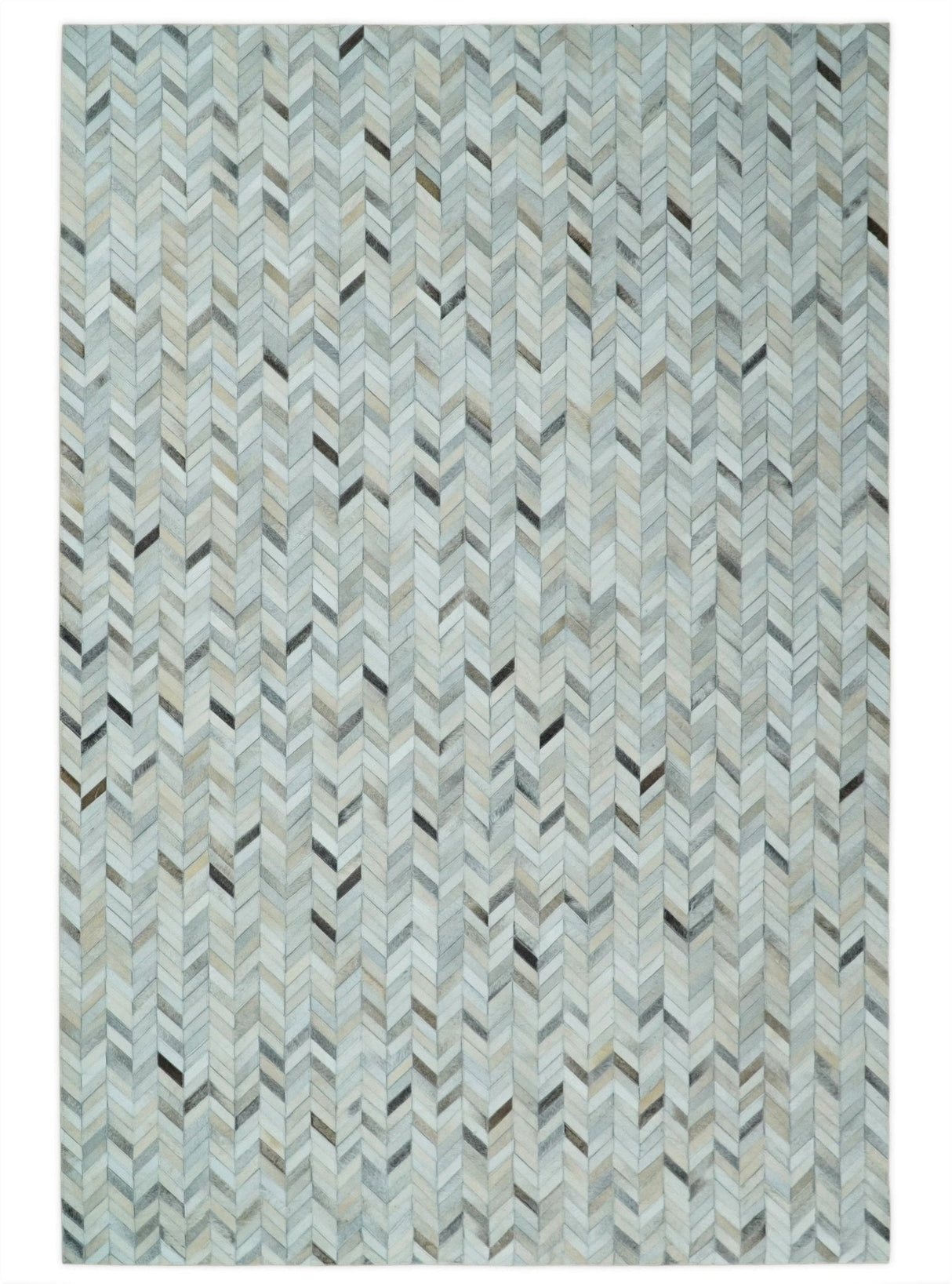 5x8 and 8x10 Genuine Leather Chevron Design Handmade Ivory and Silver Area Rug | LR4