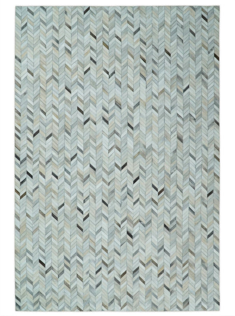 5x8 and 8x10 Genuine Leather Chevron Design Handmade Ivory and Silver Area Rug | LR4