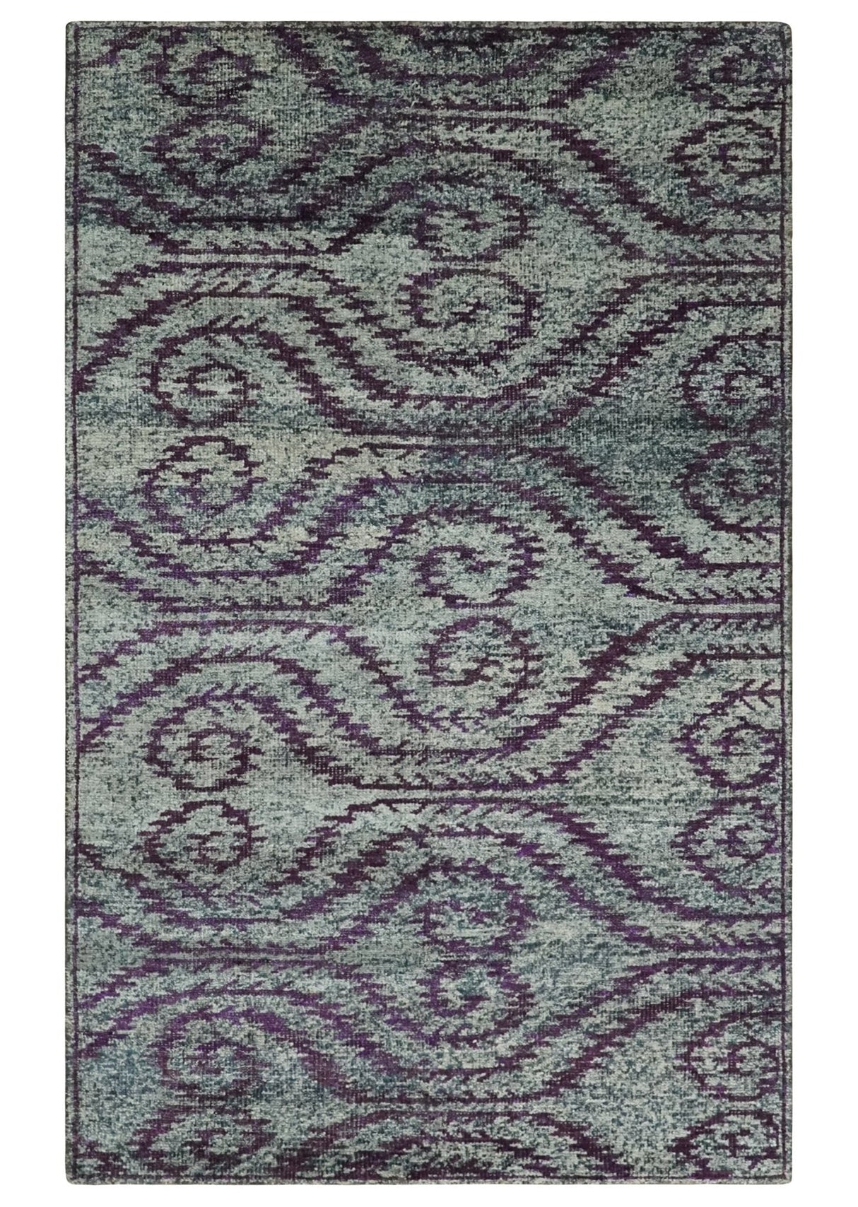 5x8 and 8x10 Hand Knotted Blue, Gray and Purple Modern Contemporary Southwestern Tribal Trellis Recycled Silk Area Rug | OP32
