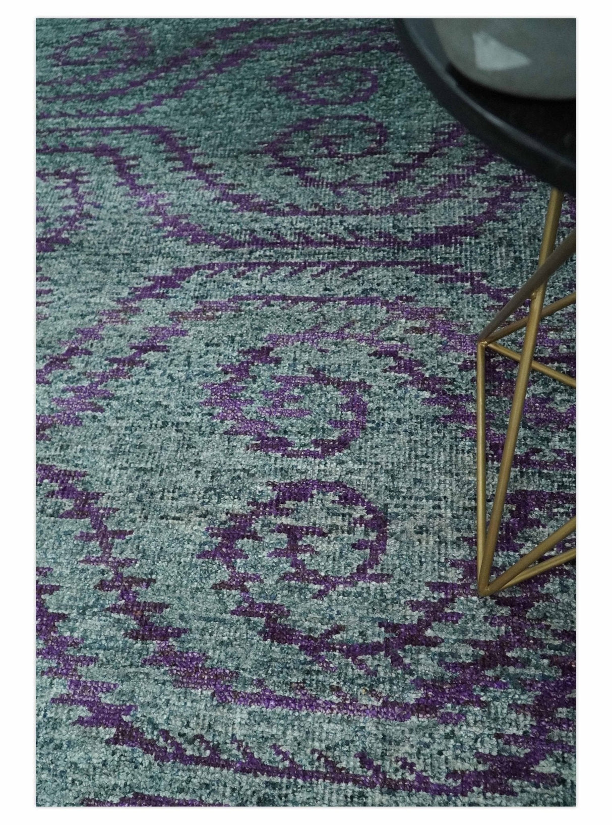 5x8 and 8x10 Hand Knotted Blue, Gray and Purple Modern Contemporary Southwestern Tribal Trellis Recycled Silk Area Rug | OP32