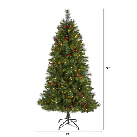 6’ Aberdeen Spruce Artificial Christmas Tree with 350 Clear LED Lights, Pine Cones and Red Berries