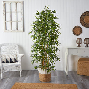 6' Artificial Bamboo Tree with Handmade Jute & Cotton Basket