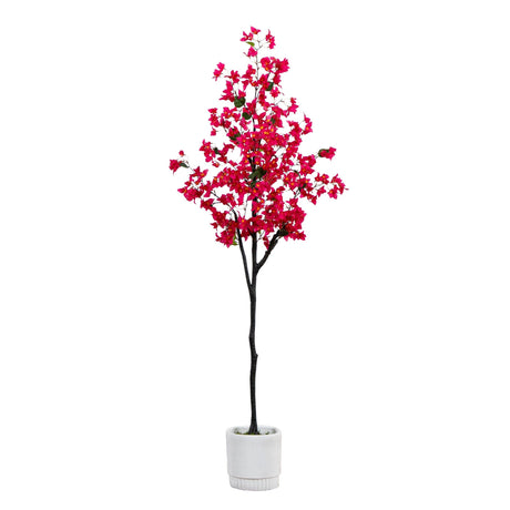 6’ Artificial Bougainvillea Tree with White Decorative Planter