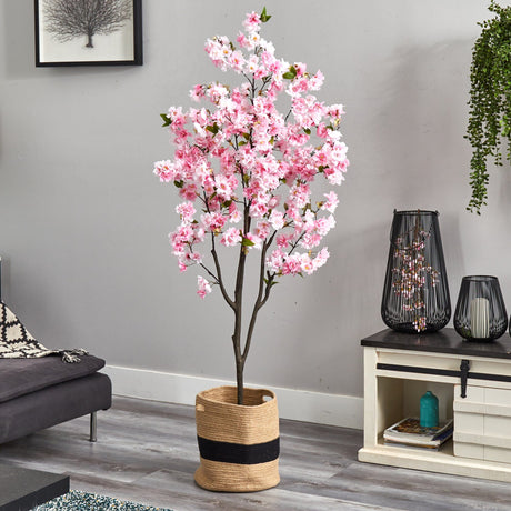 6’ Artificial Cherry Blossom Tree with Handmade Jute & Cotton Basket