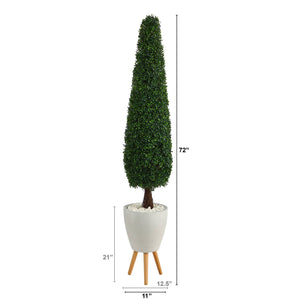 6’ Boxwood Topiary Artificial Tree in White Planter with Stand (Indoor/Outdoor)