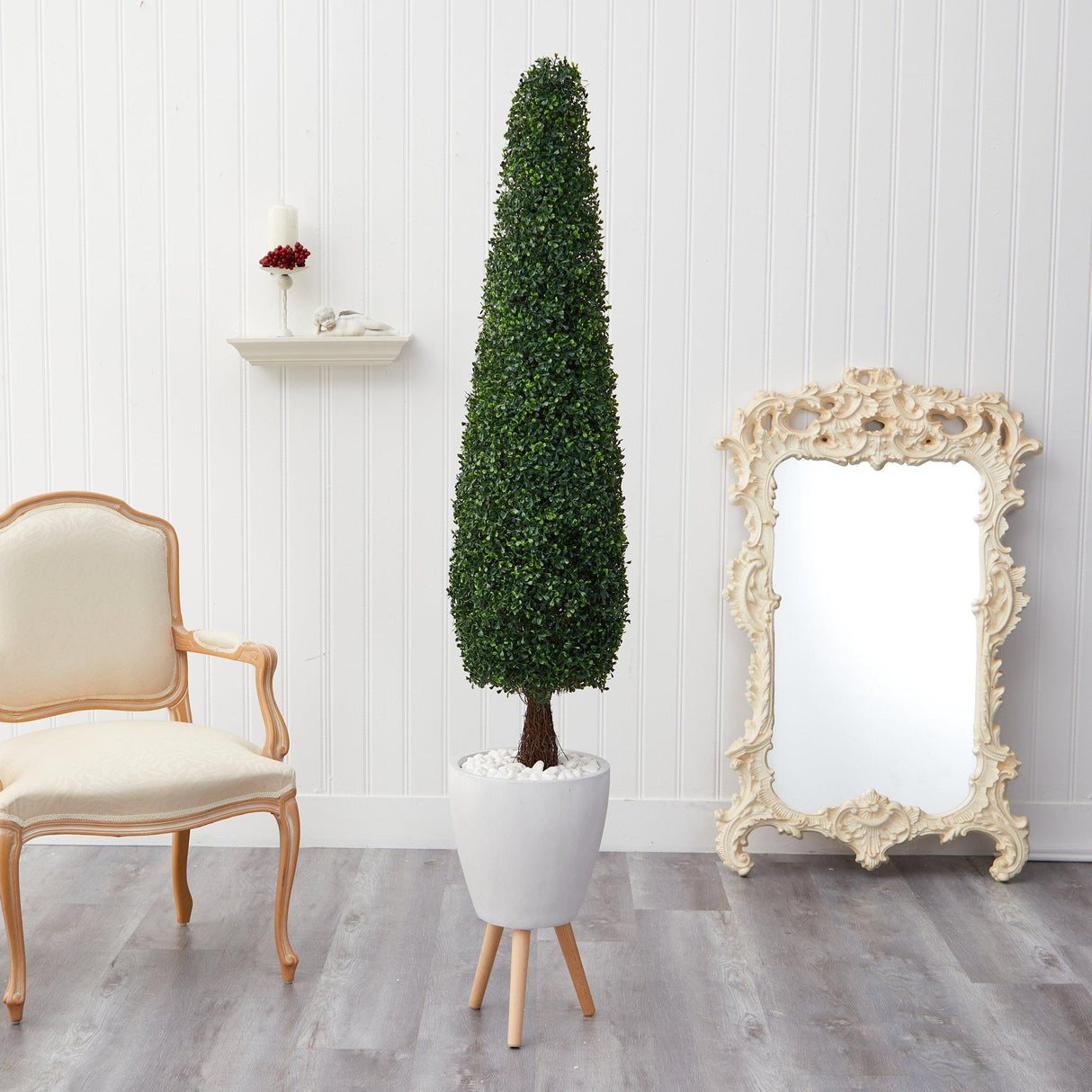 6’ Boxwood Topiary Artificial Tree in White Planter with Stand (Indoor/Outdoor)