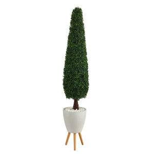 6’ Boxwood Topiary Artificial Tree in White Planter with Stand (Indoor/Outdoor)