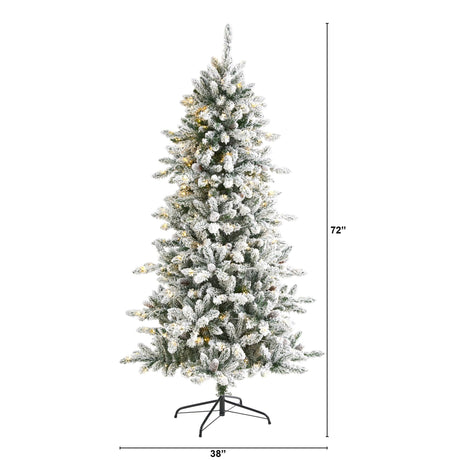 6’ Flocked Livingston Fir Artificial Christmas Tree with Pine Cones and 300 Clear Warm LED Lights