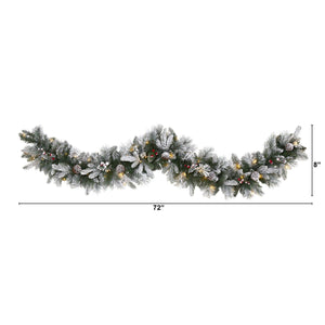 6’ Flocked Mixed Pine Artificial Christmas Garland with 50 LED Lights, Pine Cones and Berries