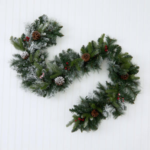 6’ Flocked Mixed Pine Artificial Christmas Garland with 50 LED Lights, Pine Cones and Berries