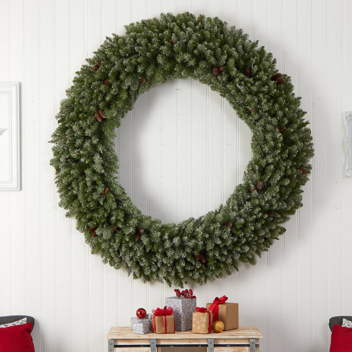 6’ Giant Flocked Christmas Wreath with Pinecones, 400 Clear LED Lights and 920 Bendable Branches