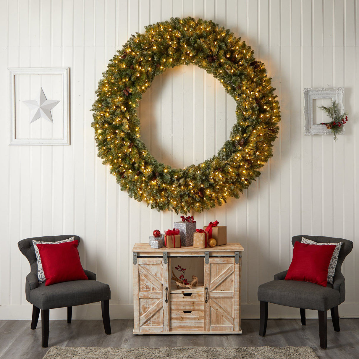 6’ Giant Flocked Christmas Wreath with Pinecones, 400 Clear LED Lights and 920 Bendable Branches