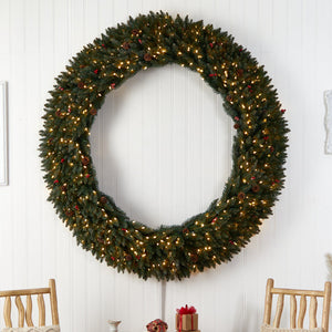 6’ Large Flocked Wreath with Pinecones, Berries, 600 Clear LED Lights and 1080 Bendable Branches