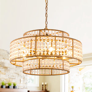 6-Light Antique Gold Farmhouse Drum Beaded Chandelier with Rope Accents