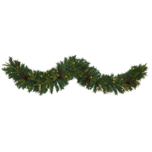 6’ Mixed Pine Artificial Christmas Garland with 35 Clear LED Lights, Berries and Pinecones