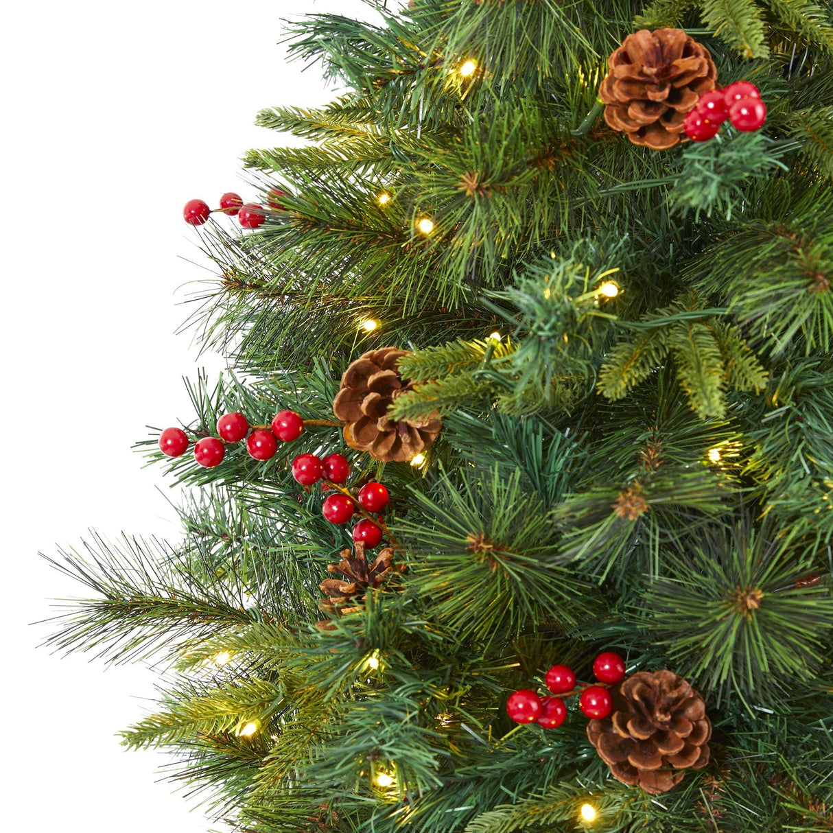 6’ Mixed Pine Artificial Christmas Tree with 250 Clear LED Lights, Pine Cones and Berries