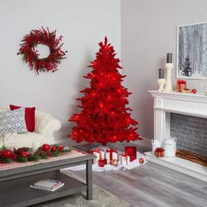 6' Red Flocked Fraser Fir Artificial Christmas Tree with 350 Red Lights, 33 Globe Bulbs and 748 Bendable Branches