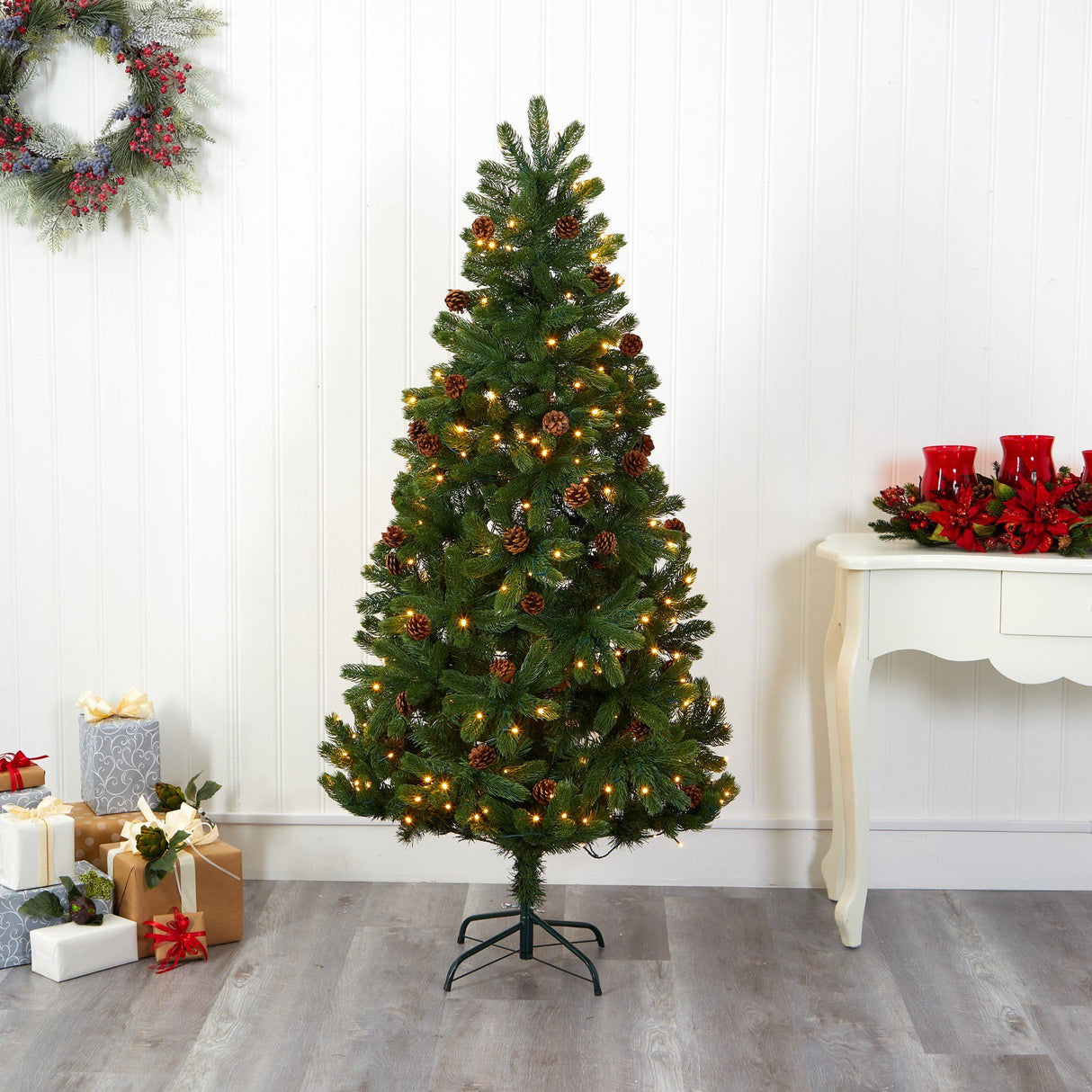 6' Rocky Mountain Spruce Artificial Christmas Tree with Pinecones and 250 Clear LED Lights