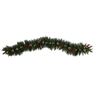 6' Snow Tipped Extra Wide Christmas Garland with Pinecones, Berries and 100 Multicolor LED Lights