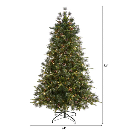 6’ Snowed Tipped Clermont Mixed Pine Artificial Christmas Tree with 250 Clear LED Lights, Pine Cones and 1242 Bendable Branches