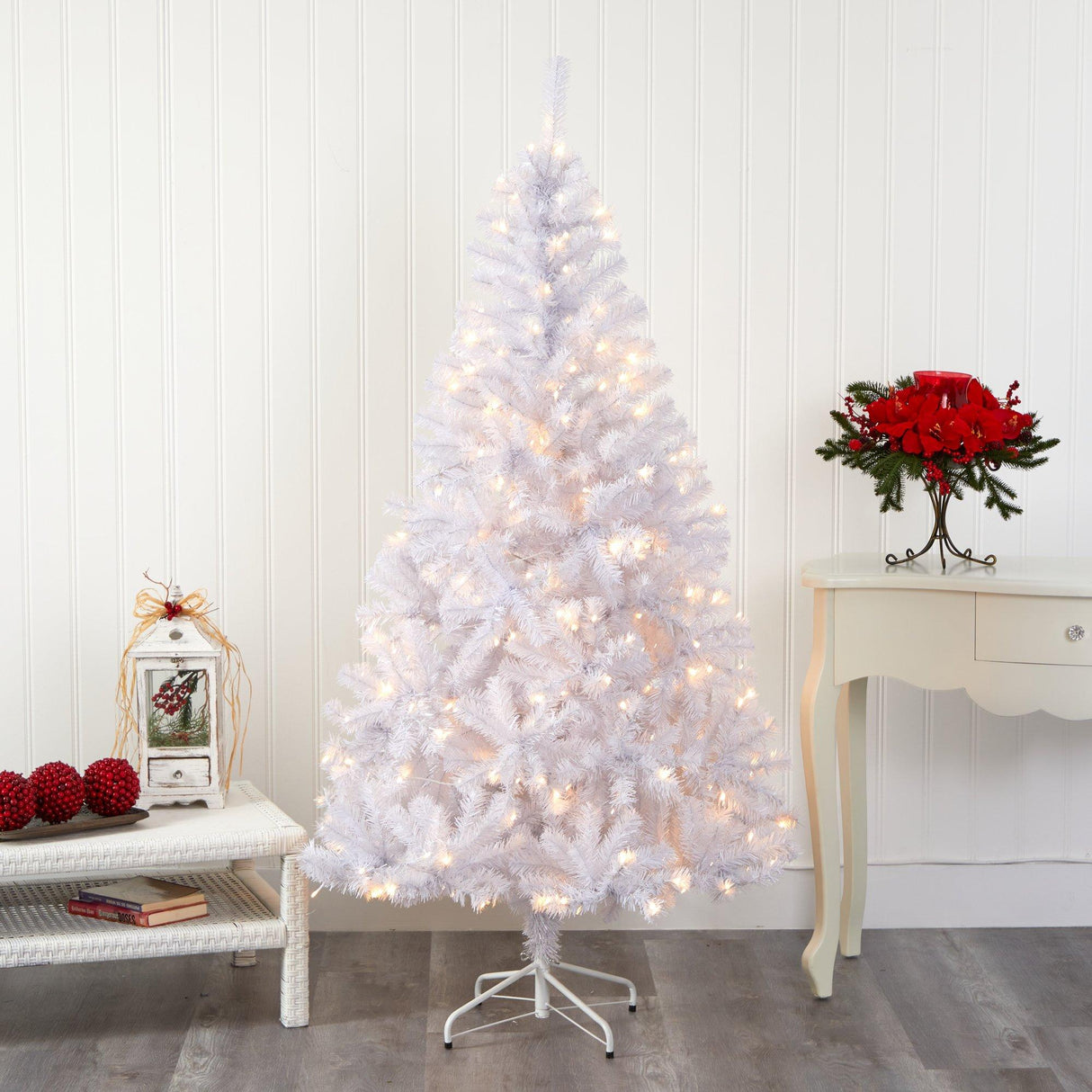 6’ White Artificial Christmas Tree with 680 Bendable Branches and 250 Clear LED Lights