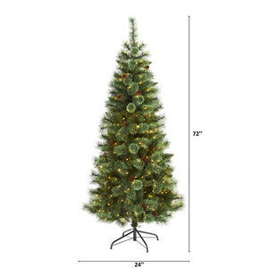 6’ White Mountain Pine Artificial Christmas Tree with 300 Clear LED Lights and Pine Cones