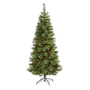 6’ White Mountain Pine Artificial Christmas Tree with 300 Clear LED Lights and Pine Cones