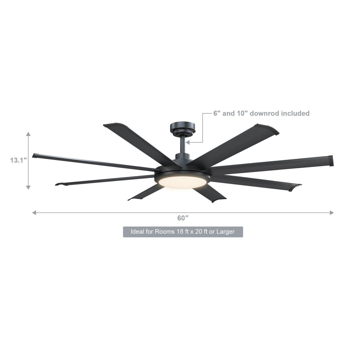 60" Industrial DC Motor Downrod Mount Ceiling Fan with Lighting and Remote Control
