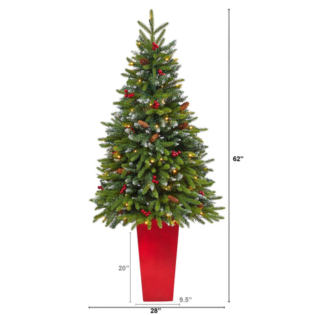 62” Snow Tipped Portland Spruce Artificial Christmas Tree with Frosted Berries and Pinecones with 100 Clear LED Lights in Red Tower Planter