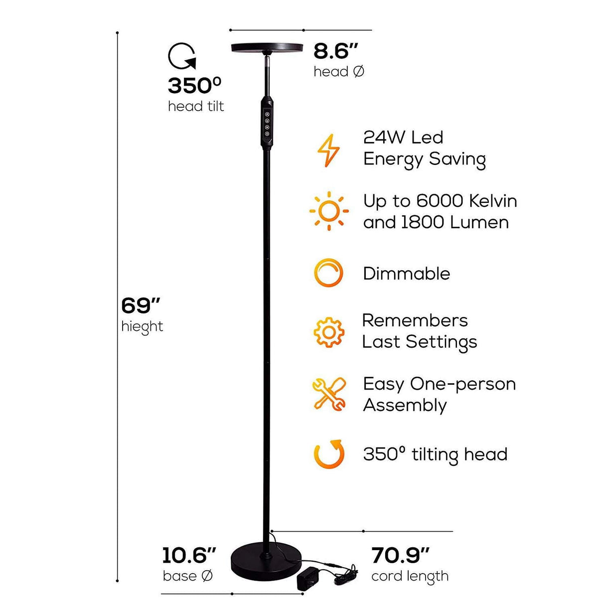63"H LED Torchiere Floor Lamp (5 Color Settings) 2100 Lumens Dimmable Black Metal with Remote