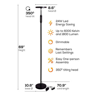 63"H LED Torchiere Floor Lamp (5 Color Settings) 2100 Lumens Dimmable Black Metal with Remote