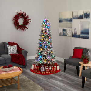 6.5' Flocked British Columbia Mountain Fir Artificial Christmas Tree with 75 Multi Color Globe Bulbs and 679 Bendable Branches