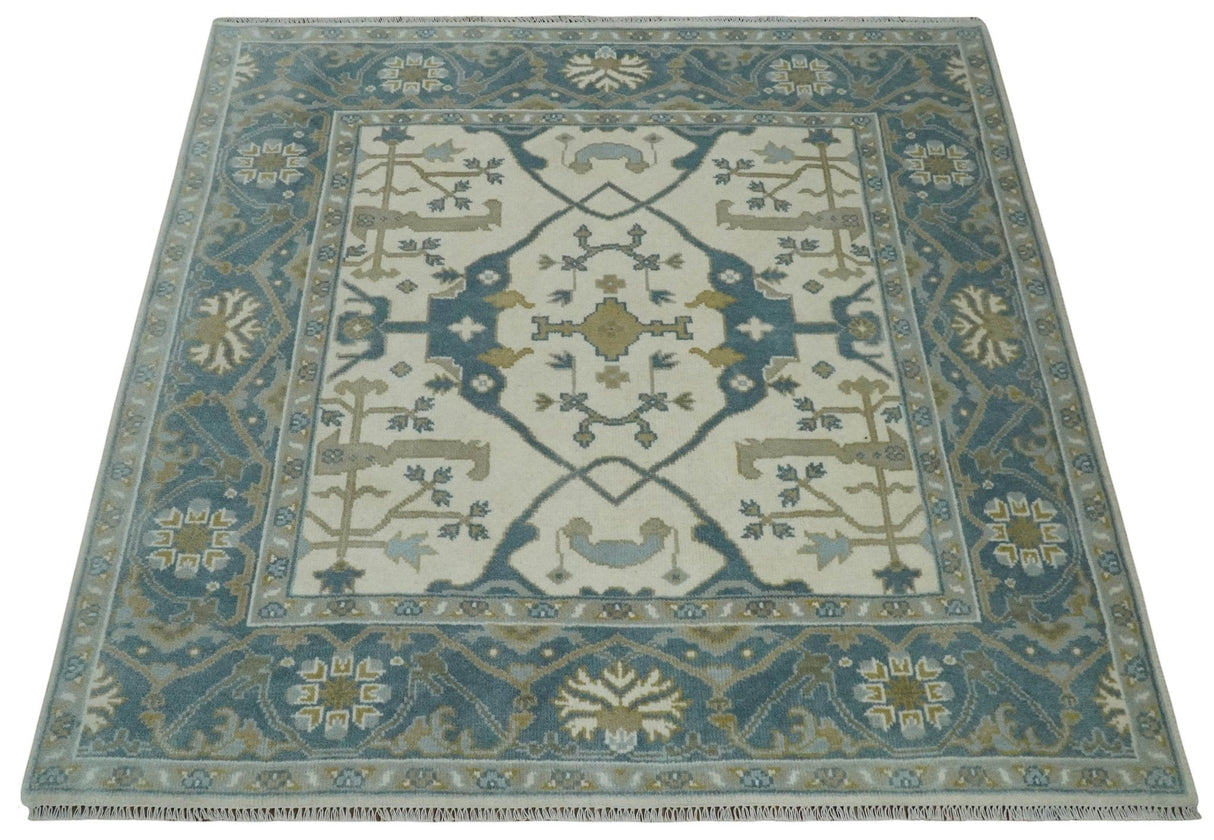 6x6 Square Hand Knotted Oriental Oushak Ivory, Blue and Beige Wool Area Rug | TRDCP153466SS