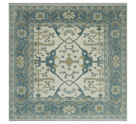 6x6 Square Hand Knotted Oriental Oushak Ivory, Blue and Beige Wool Area Rug | TRDCP153466SS