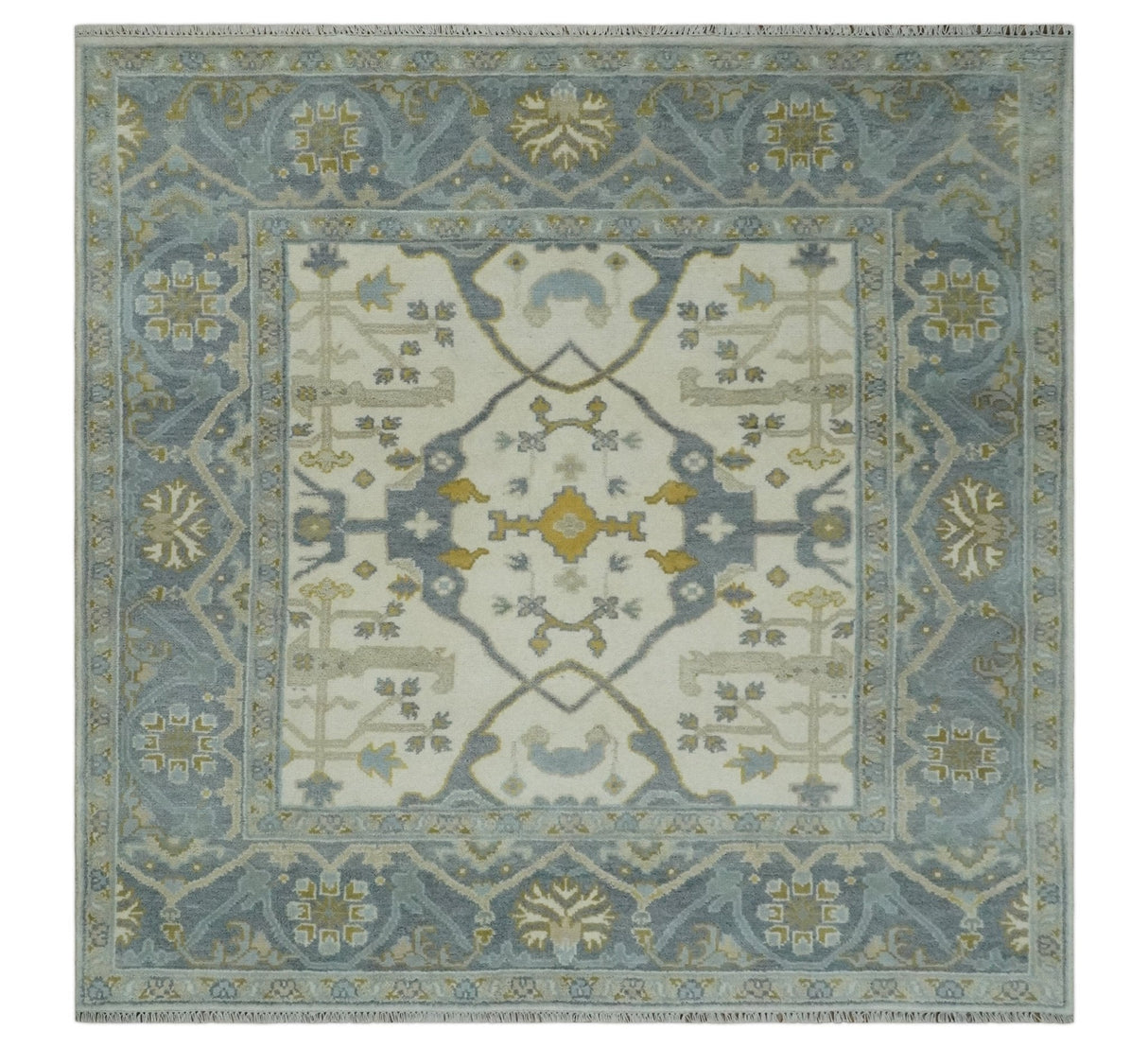 6x6 Square Hand Knotted Oriental Oushak Ivory, Charcoal and Beige Wool Area Rug