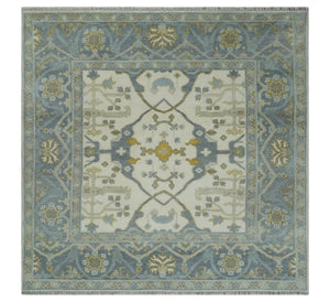 6x6 Square Hand Knotted Oriental Oushak Ivory, Charcoal and Beige Wool Area Rug