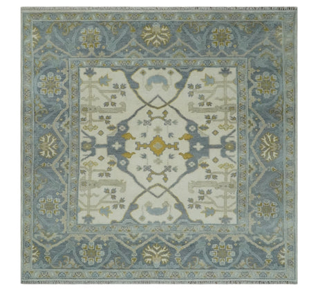 6x6 Square Hand Knotted Oriental Oushak Ivory, Charcoal and Beige Wool Area Rug
