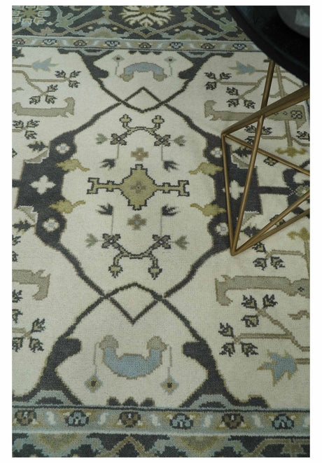 6x6 Square Hand Knotted Oriental Oushak Ivory, Charcoal and Olive Wool Area Rug | TRDCP153266SS