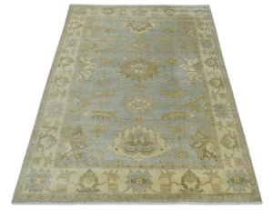 6x8 Hand Knotted Silver and Beige Antique Style Traditional Oushak Wool Rug