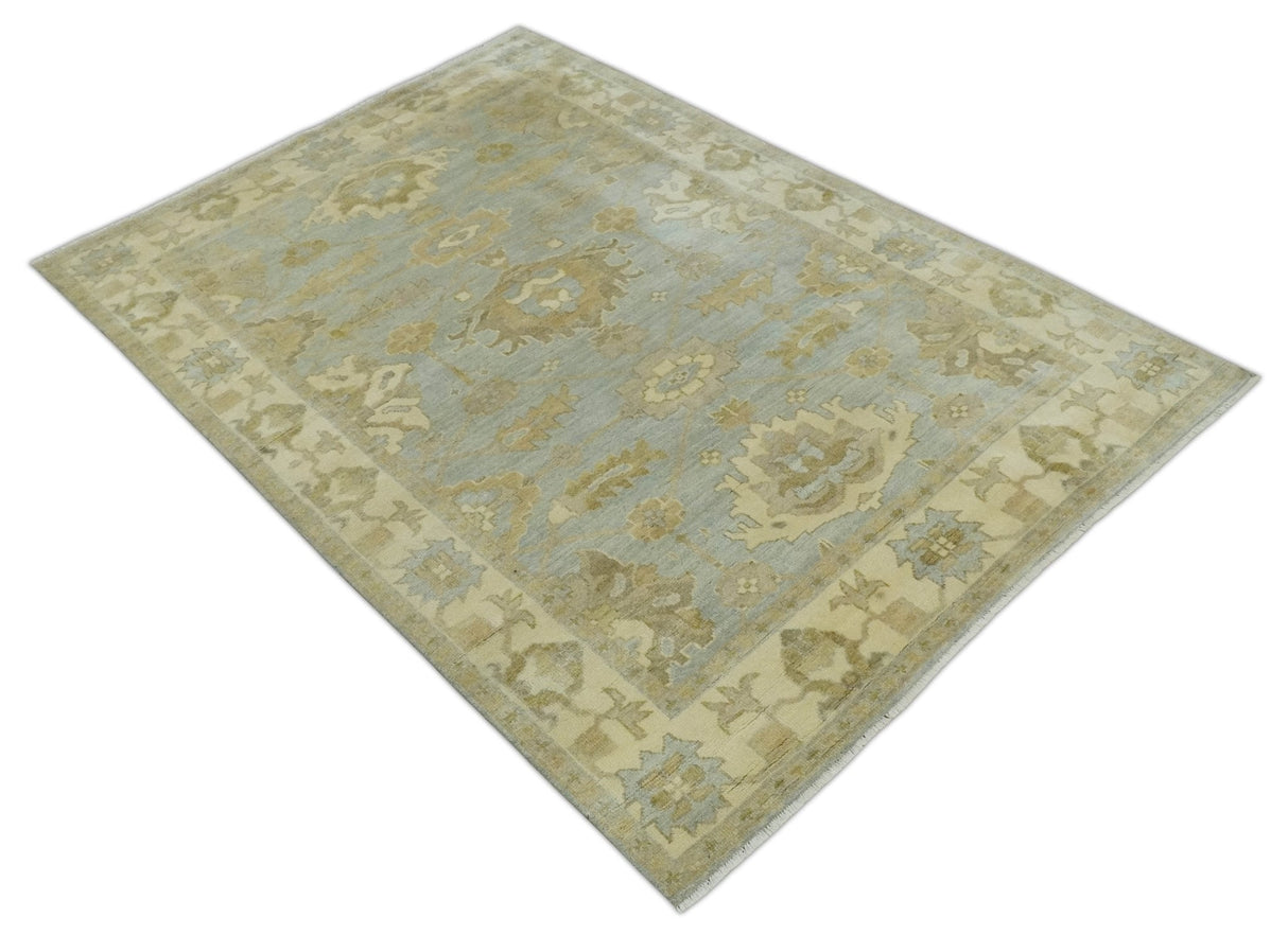 6x8 Hand Knotted Silver and Beige Antique Style Traditional Oushak Wool Rug