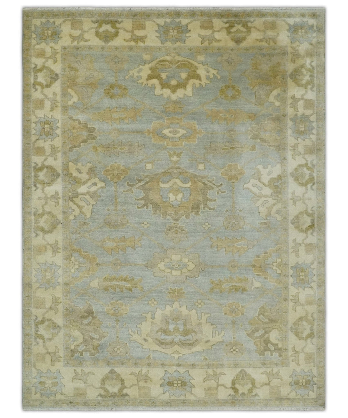 6x8 Hand Knotted Silver and Beige Antique Style Traditional Oushak Wool Rug
