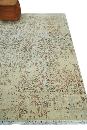 6x9 Fine Hand Knotted Beige and Rust Traditional Vintage Persian Style Antique Wool and Silk Rug | AGR2