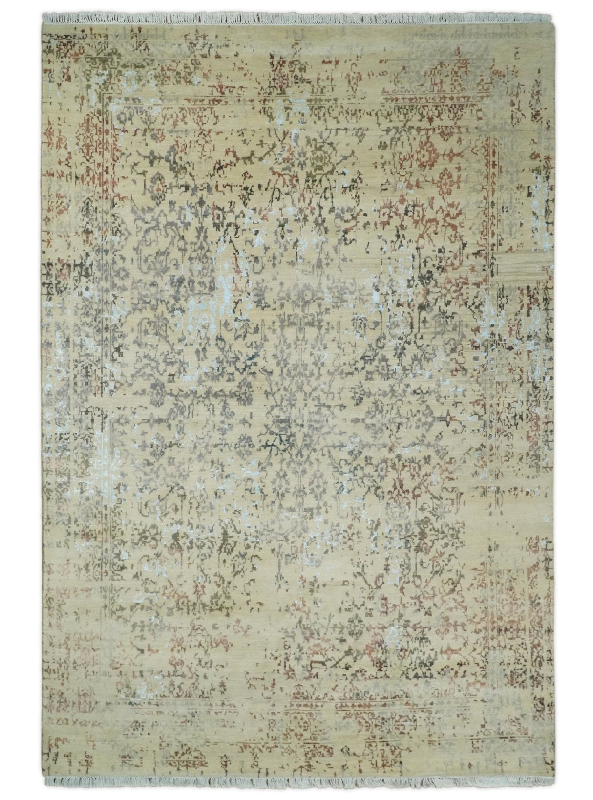 6x9 Fine Hand Knotted Beige and Rust Traditional Vintage Persian Style Antique Wool and Silk Rug | AGR2