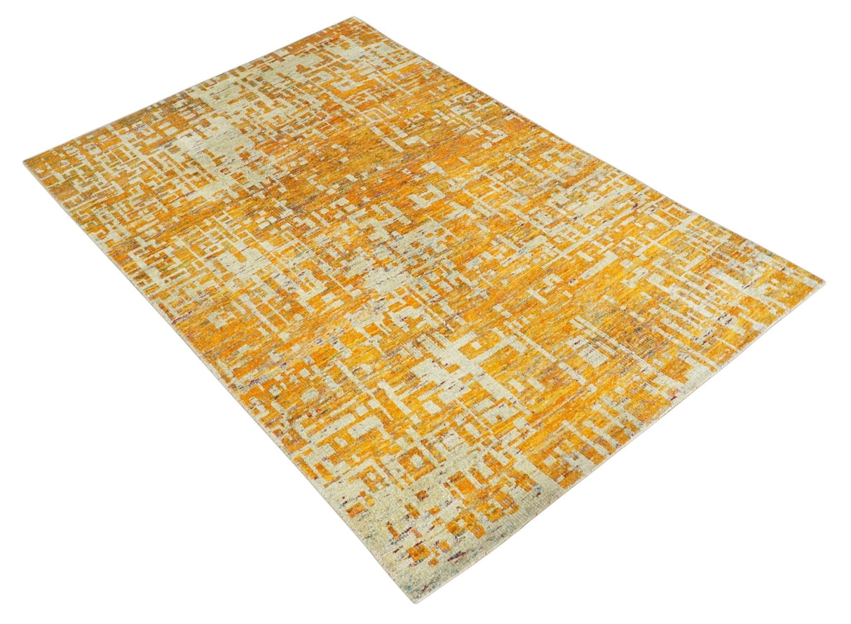 6x9 Gold and Ivory Modern Abstract Recycled wool Area Rug