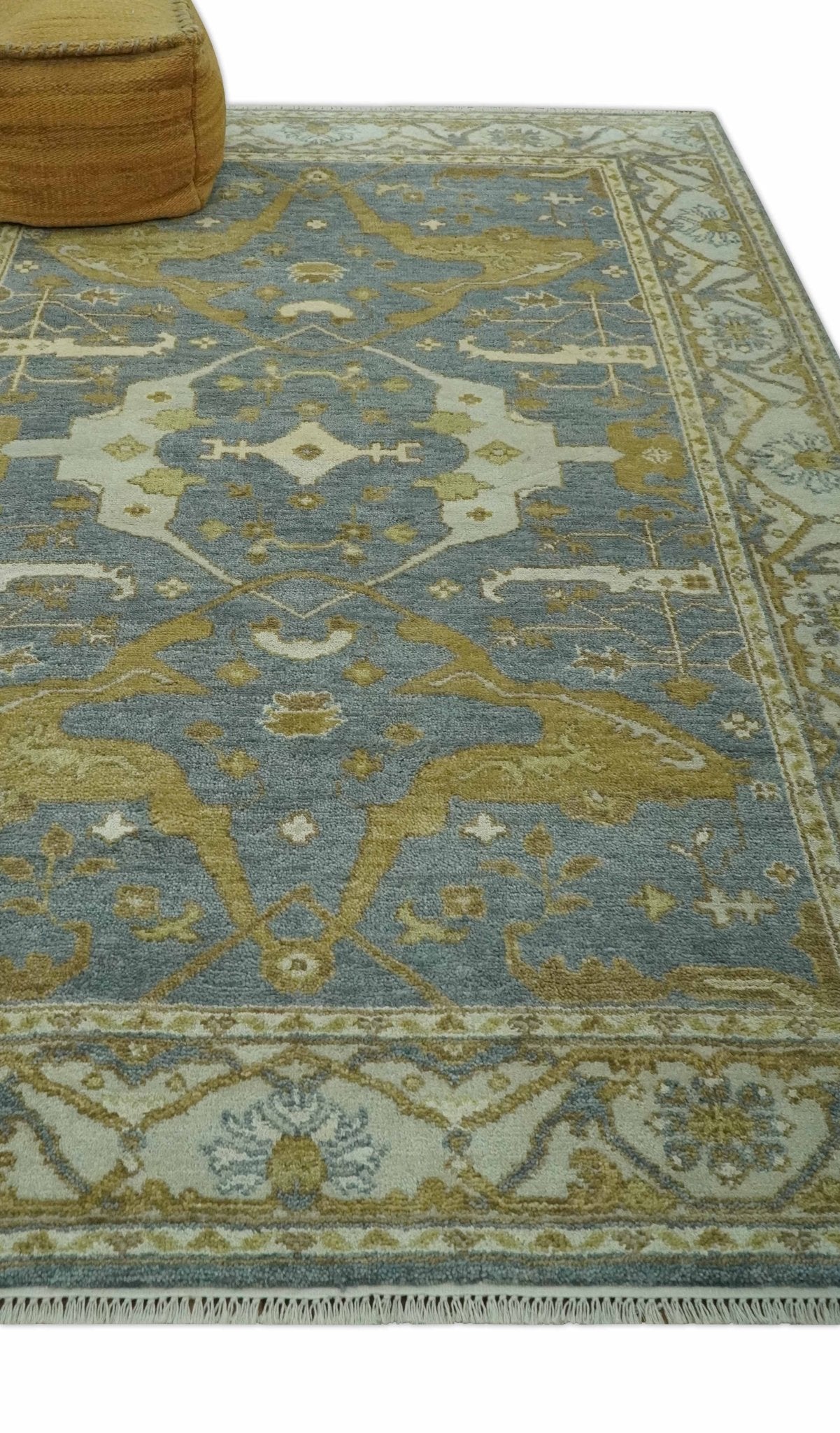 6x9 Hand Knotted Gray, Olive and Ivory Traditional Oriental Oushak wool area rug