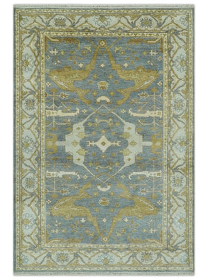 6x9 Hand Knotted Gray, Olive and Ivory Traditional Oriental Oushak wool area rug