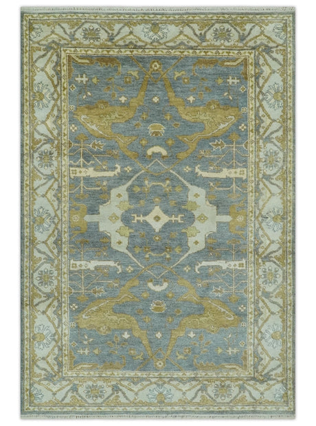 6x9 Hand Knotted Gray, Olive and Ivory Traditional Oriental Oushak wool area rug