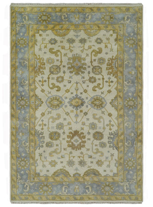 6x9 Hand Knotted Ivory, Gray and Mustard Traditional Oriental Oushak wool rug