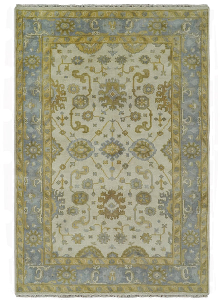 6x9 Hand Knotted Ivory, Gray and Mustard Traditional Oriental Oushak wool rug